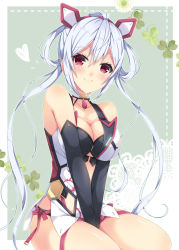 Rule 34 | 1girl, ^^^, adapted costume, ahoge, bare shoulders, between legs, black bra, black panties, blush, border, bow, bra, breasts, choker, cleavage, closed mouth, collarbone, eyebrows, glowing, green background, hairband, hand between legs, head tilt, headgear, highres, hip vent, innocent cluster, jewelry, large breasts, long hair, looking at viewer, matoi (pso2), milkpanda, panties, pendant, phantasy star, phantasy star online 2, red bow, red eyes, revealing clothes, shiny skin, simple background, sitting, smile, solo, tareme, thigh strap, thighs, underwear, v arms, very long hair, white border
