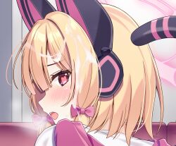 Rule 34 | 1girl, animal ears, blonde hair, blue archive, blush, bow, cum, facial, fake animal ears, fengshen chino, hair bow, halo, headphones, heart, highres, looking at viewer, medium hair, momoi (blue archive), open mouth, pink bow, pink halo, red eyes, solo, tail