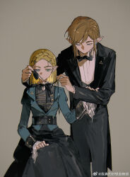 Rule 34 | 1boy, 1girl, akihare, alternate costume, belt, bishounen, black belt, black bow, black bowtie, black dress, black jacket, black pants, black sleeves, black suit, blonde hair, blue eyes, blue jacket, blue sleeves, bow, bowtie, braid, buttons, chinese commentary, closed mouth, coattails, collared jacket, collared shirt, colored sclera, commentary request, cowboy shot, crown braid, dress, ear piercing, earrings, expressionless, fingernails, formal, frilled shirt collar, frills, green eyes, grey background, hair ornament, hairclip, hand on another&#039;s arm, hand on lap, height difference, heterochromia, high collar, highres, holding eyepatch, hoop earrings, jacket, jewelry, juliet sleeves, lapels, layered sleeves, link, long dress, long sleeves, looking at another, looking down, medium hair, mismatched sclera, nintendo, open clothes, open jacket, pants, piercing, pink sclera, pinstripe pants, pinstripe pattern, pointy ears, princess zelda, puffy sleeves, shirt, short hair with long locks, simple background, single earring, sitting, sleeves past wrists, spoilers, straight-on, suit, the legend of zelda, the legend of zelda: tears of the kingdom, thick eyebrows, traditional bowtie, triforce, tuxedo, tying, white shirt, wide sleeves