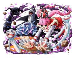 Rule 34 | 1boy, 1girl, age difference, ascot, black gloves, crown, devil fruit, gecko moria, ghost, gloves, gothic lolita, horns, horo horo no mi, kage kage no mi, lolita fashion, long hair, official art, one piece, one piece treasure cruise, perona, pink hair, pointy ears, rock, sharp teeth, short hair, smile, teeth, twintails, upper teeth only, white ascot