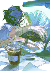 Rule 34 | 1boy, absurdres, arms on table, bandaged arm, bandaged hand, bandages, bishounen, black-framed eyewear, black shirt, blue hair, bosi tenghu, character request, chinese commentary, closed eyes, closed mouth, collared shirt, commentary request, desk lamp, expressionless, eyelashes, fingernails, glasses, highres, lamp, male focus, paper, pen, plave, shirt, short hair, sleeping, solo, thick eyebrows, upper body, watch, white background, white shirt, wristwatch