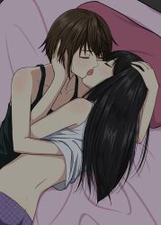 Rule 34 | 2girls, absurdres, black hair, brown hair, clothes lift, closed eyes, french kiss, hand in another&#039;s hair, hand on another&#039;s head, hand under clothes, hand under shirt, highres, kiss, long hair, lying, midriff, multiple girls, on bed, original, ryuusa, shirt, shirt lift, short hair, tank top, tongue, tongue out, yuri