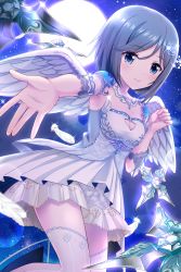 Rule 34 | 1girl, absurdres, alternative girls, angel, armlet, blue eyes, breasts, cleavage, cleavage cutout, clothing cutout, dress, feathered wings, full moon, grey hair, highres, medium breasts, moon, night, orimiya yui, outdoors, outstretched arm, short dress, short hair, sky, sleeveless, sleeveless dress, solo, star (sky), starry sky, strapless, strapless dress, thighhighs, white dress, white thighhighs, white wings, wings, zettai ryouiki