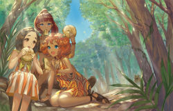 Rule 34 | 3girls, :d, animal, arm support, bandeau, bare arms, bare shoulders, blue eyes, blunt bangs, blush, bracelet, brown eyes, brown hair, burger, character request, child, cover image, dappled sunlight, day, dress, eating, food, forehead, forest, hair ornament, high ponytail, highres, holding, holding food, isekai ryouridou, jewelry, kochimo, lala ruu, long hair, looking at another, messy hair, mouth hold, multiple girls, nature, necklace, novel illustration, official art, on ground, on rock, open mouth, outdoors, photoshop (medium), ponytail, red hair, rock, sandals, sandwich, sarong, second-party source, shoe soles, siblings, sisters, sitting, sitting on rock, smile, sunlight, teeth, textless version, toes, upper teeth only