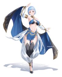 Rule 34 | 1girl, absurdres, alternate costume, artist name, bare shoulders, black thighhighs, blue hair, blue skirt, blush, braid, breasts, closed mouth, commentary, cosplay, crown braid, detached sleeves, english commentary, fire emblem, fire emblem: three houses, fire emblem awakening, full body, grey eyes, highres, large breasts, long sleeves, looking at viewer, marianne von edmund, midriff, moja (rainpoow), navel, nintendo, olivia (fire emblem), olivia (fire emblem) (cosplay), shadow, short hair, simple background, skirt, smile, solo, standing, stomach, thighhighs, thighs, white background
