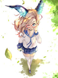 Rule 34 | :p, adjusting eyewear, animal ear fluff, animal ears, blade &amp; soul, blonde hair, blue eyes, blue skirt, choker, day, dema hmw, foreshortening, from above, full body, glasses, highres, leaf, long hair, looking up, lyn (blade &amp; soul), one eye closed, outdoors, school uniform, shirt, shoes, skirt, smile, solo, thighhighs, tongue, tongue out, watch, white shirt, white thighhighs, wind, wolf ears, wristwatch