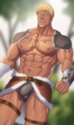 Rule 34 | 1boy, abs, bandaged arm, bandages, bara, belt, black male underwear, blonde hair, briefs, brown belt, bulge, clenched hand, dark-skinned male, dark skin, day, facial hair, facial scar, green eyes, jewelry, large pectorals, looking at viewer, male focus, male underwear, muscular, muscular male, navel, necklace, nipples, nullq (nullqllun), original, outdoors, pectorals, scar, scar on cheek, scar on face, short hair, solo, thick thighs, thigh bands, thighs, tooth necklace, underwear