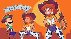 Rule 34 | 1boy, 1girl, brown hair, cosplay, cow girl, cowboy hat, earrings, facial hair, flower earrings, galaxy cowboy, gloves, grin, hat, jewelry, looking at another, looking at viewer, luigi, mario (series), mustache, nintendo, princess daisy, rope, scarf, smile, standing, sunset, tomboy