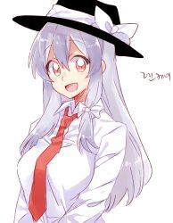 Rule 34 | 1girl, 6 (yuchae), :d, blush, breasts, collared shirt, cosplay, female focus, hair ribbon, hat, kamishirasawa keine, korean text, large breasts, long hair, looking at viewer, necktie, open mouth, red eyes, ribbon, shirt, silver hair, smile, solo, touhou, tress ribbon, usami renko, usami renko (cosplay)