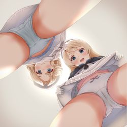 Rule 34 | 2girls, aqua panties, blonde hair, blue eyes, blush, bow, bow panties, closed mouth, clothes lift, crotch seam, dress, from below, gloves, hat, highres, janus (kancolle), jervis (kancolle), kantai collection, looking at viewer, looking down, multiple girls, open mouth, panties, pov, sailor dress, sailor hat, short hair, skirt, skirt lift, smile, underwear, upskirt, white dress, white gloves, white headwear, white panties, zuki