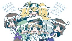 Rule 34 | &gt; &lt;, 6+girls, @ @, black hair, blonde hair, braid, brown hair, chaki (teasets), crossover, closed eyes, female admiral (kancolle), flying sweatdrops, gambier bay (kancolle), green hair, grey hair, haguro (kancolle), hair over eyes, hamanami (kancolle), hat, highres, kantai collection, long hair, military, military uniform, multiple girls, naval uniform, open mouth, peaked cap, school uniform, serafuku, short hair, tearing up, trait connection, twin braids, twintails, uniform, upper body, ushio (kancolle), yamakaze (kancolle)