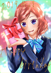 Rule 34 | 1girl, 2019, artist request, blazer, blue bow, blue bowtie, bow, bowtie, dutch angle, female focus, gift, highres, holding, holding gift, jacket, long sleeves, looking at viewer, love live!, love live! school idol project, nishikino maki, pleated skirt, purple eyes, red hair, school uniform, short hair, skirt, smile, solo, striped bow, striped bowtie, striped clothes