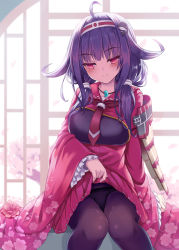 Rule 34 | 10s, 1girl, ahoge, armor, black panties, black pantyhose, blush, breastplate, clothes lift, dress, dress lift, floral print, flower, hair ornament, hairband, highres, jewelry, kantai collection, long hair, long sleeves, milkshakework, naughty face, neckerchief, necklace, panties, pantyhose, pantyshot, pendant, pink dress, pink eyes, purple hair, ryuuhou (kancolle), sitting, smile, solo, taigei (kancolle), twintails, underwear, whale hair ornament, wide sleeves