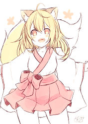 Rule 34 | 1girl, :d, ahoge, animal ear fluff, animal ears, blonde hair, blush, chita (ketchup), collarbone, cowboy shot, fang, fox ears, fox girl, fox tail, hair between eyes, japanese clothes, kimono, long hair, long sleeves, looking at viewer, open mouth, original, pleated skirt, red eyes, red skirt, short eyebrows, signature, simple background, skirt, sleeves past wrists, smile, solo, standing, tail, tail raised, thick eyebrows, v-shaped eyebrows, white background, white kimono, wide sleeves