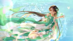 Rule 34 | 1girl, absurdres, artist request, baiguio (zhu xian), bare legs, bracelet, bug, butterfly, detached sleeves, dress, earrings, facial mark, forehead mark, green dress, hair ornament, hand on own chest, highres, insect, jewelry, light, long hair, open mouth, second-party source, solo, teeth, upper body, water, zhu xian