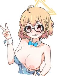 Rule 34 | 1girl, ahoge, alternate costume, bare shoulders, blonde hair, blue archive, blue bow, blue bowtie, blue leotard, blush, bow, bowtie, braid, breasts, ceroliz, cleavage, collarbone, glasses, halo, highres, kotori (blue archive), large breasts, leotard, leotard pull, looking at viewer, nipples, one breast out, playboy bunny, pulling own clothes, red eyes, short braid, short hair, side braid, sidelocks, simple background, solo, traditional bowtie, upper body, v, white background, wrist cuffs