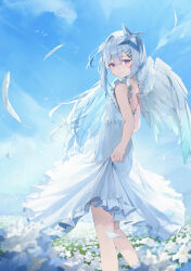 Rule 34 | 1girl, absurdres, alternate costume, amane kanata, angel, angel wings, blue sky, commentary request, dress, enokinoko1010, field, flower, flower field, hair ornament, hairpin, halo, highres, hololive, long hair, looking at viewer, purple eyes, sky, smile, solo, star halo, virtual youtuber, white dress, white flower, wings
