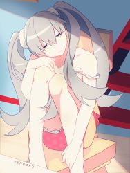 Rule 34 | 1girl, absurdres, bad id, bad twitter id, bare shoulders, barefoot, bell, breasts, cleavage, collarbone, dress, hair bell, hair ornament, hair ribbon, highres, knees to chest, looking at viewer, looking away, monogatari (series), oikura sodachi, owarimonogatari, p enporo, ribbon, sad, silver hair, sitting, solo, strap slip, twintails