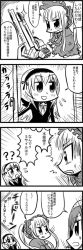 Rule 34 | 3girls, 4koma, :d, ?, ??, artillery, bkub, black wings, blush, bonnet, bow, bowtie, character request, comic, dress, emphasis lines, flying sweatdrops, greyscale, hairband, long hair, monochrome, multiple girls, open mouth, ponytail, rocket, rozen maiden, shinku, short hair, shouting, simple background, sliding doors, smile, sparkle, suigintou, surprised, sweatdrop, translation request, two-tone background, wings