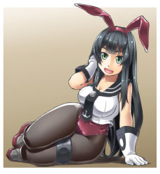 Rule 34 | 1girl, adapted costume, agano (kancolle), alto-00, anchor symbol, animal ears, black hair, black necktie, black pantyhose, boots, braid, breasts, brown background, collarbone, fake animal ears, full body, gloves, green eyes, highres, kantai collection, large breasts, legband, leotard, leotard under clothes, long hair, looking at viewer, medium breasts, necktie, open mouth, pantyhose, playboy bunny, rabbit ears, rabbit girl, red leotard, sailor collar, school uniform, serafuku, shadow, sitting, sleeveless, smile, solo, tail, thigh strap, white gloves