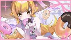 1girl 402_(o0_xxx) bare_shoulders blonde_hair blush_stickers border bow bracelet breasts brown_hat chocolate_icing collarbone curtains doughnut dress dress_bow dutch_angle eating end_card eyelashes fang flipped_hair food food_bite frilled_pillow frills grid_background hair_flaps hat hat_ribbon holding holding_doughnut holding_food jewelry light_particles long_hair monogatari_(series) mouth_hold official_art oshino_shinobu own_hands_together pillow pink_border pink_bow pink_ribbon pink_trim ribbon sitting skin_fang sleeveless sleeveless_dress small_breasts solo sparkle straw_hat sun_hat sundress swept_bangs upper_body very_long_hair w_arms white_background white_dress yellow_eyes