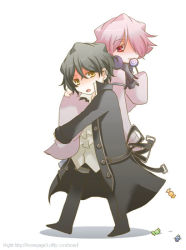 Rule 34 | 00s, 2boys, black hair, candy, carrying, chibi, coat, food, formal, gilbert nightray, gloves, hair over one eye, male focus, multiple boys, pandora hearts, red eyes, short hair, silver hair, simple background, trench coat, xerxes break, yellow eyes