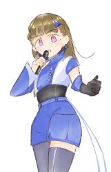 Rule 34 | 1girl, ameno ryuu, asymmetrical sleeves, black gloves, black pantyhose, black shirt, black thighhighs, blue shirt, blue shorts, braid, brown hair, center-flap bangs, commentary, cropped shirt, elbow gloves, gloves, highres, holding, holding microphone, kachimachi kosuzu, ladybug/beauty (love live!), link! like! love live!, long hair, long sleeves, love live!, microphone, official alternate costume, open mouth, pantyhose, pink eyes, shirt, short sleeves, shorts, side ahoge, side braids, simple background, single elbow glove, single glove, single leg pantyhose, single thighhigh, solo, straight hair, thighhighs, triangle hair ornament, uneven sleeves, virtual youtuber, white background