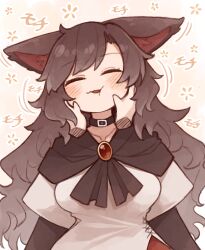 Rule 34 | 1girl, animal ear fluff, animal ears, blush, brooch, brown hair, closed eyes, collarbone, commentary request, dress, highres, imaizumi kagerou, jewelry, kaginoni, long hair, long sleeves, motion lines, open mouth, red dress, solo, touhou, upper body, white dress, wolf ears