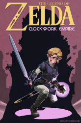Rule 34 | 1girl, aaron diaz, alternate universe, armor, asymmetrical gloves, belt, blonde hair, boots, chainmail, cover, fake cover, gauntlets, gloves, highres, long hair, master sword, mismatched gloves, nintendo, pointy ears, princess zelda, purple eyes, scabbard, sheath, solo, the legend of zelda, tunic