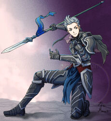 Rule 34 | 1boy, armor, armored boots, banner, boots, closed mouth, fire emblem, fire emblem fates, green eyes, grey hair, holding, holding polearm, holding weapon, light smile, looking to the side, nintendo, oedo nekosukiy, polearm, quiff, silas (fire emblem), weapon