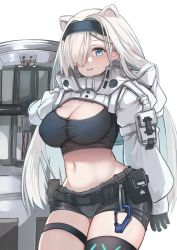 Rule 34 | 1girl, animal ears, arknights, aurora (arknights), aurora (elite ii) (arknights), bear ears, black gloves, black hairband, black shirt, black shorts, blue eyes, breasts, cleavage, commentary, cowboy shot, crop top, gloves, hair over one eye, hairband, infection monitor (arknights), large breasts, long hair, looking at viewer, midriff, navel, parted lips, pouch, shirt, short shorts, shorts, shrug (clothing), silver hair, simple background, smile, solo, standing, stomach, taut clothes, taut shirt, thigh strap, thighs, very long hair, white background, yuzuruka (bougainvillea)