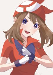 Rule 34 | 1girl, adjusting clothes, adjusting gloves, bandana, blue eyes, blush, brown hair, collared shirt, creatures (company), game freak, gloves, head tilt, highres, looking at viewer, may (pokemon), nintendo, open mouth, out of frame, pokemon, pokemon rse, red headwear, red shirt, shirt, simple background, smile, solo, twitter username, upper body, x napii