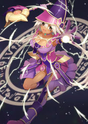 Rule 34 | 1girl, apprentice illusion magician, blonde hair, boots, breasts, cleavage, commentary, dark-skinned female, dark magical circle, dark skin, dress, duel monster, earrings, eyes visible through hair, gloves, hat, highres, holding, holding staff, holding weapon, jewelry, knightsaru, large breasts, long hair, looking at viewer, low twintails, open mouth, purple dress, purple footwear, purple gloves, purple hat, red eyes, solo, staff, tan, twintails, very long hair, wand, weapon, witch hat, yu-gi-oh!