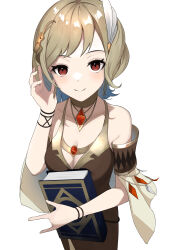 Rule 34 | 1girl, absurdres, bare shoulders, blonde hair, book, brown dress, citrinne (fire emblem), dogansa, dress, earrings, feather hair ornament, feathers, fire emblem, fire emblem engage, gem, gold choker, gold trim, hair ornament, highres, holding, holding book, hoop earrings, jewelry, leather wrist straps, mismatched earrings, nintendo, red eyes, red gemstone, solo, wing hair ornament