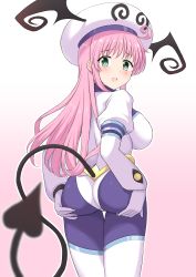 Rule 34 | 1girl, 1other, absurdres, ahoge, ass, black leggings, bodysuit, bodysuit under clothes, breasts, commentary request, demon tail, from behind, gloves, green eyes, hands on own ass, hat, head wings, highres, lala satalin deviluke, leggings, leotard, long hair, looking back, open mouth, peke, perapera, pink hair, skin tight, smile, tail, thigh gap, thighhighs, thighs, to love-ru, white gloves, white headwear, white leotard, white thighhighs, wings