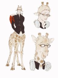 Rule 34 | 1boy, animal ears, black jacket, blonde hair, brown eyes, centauroid, chengongzi123, closed mouth, collared jacket, commentary, full body, furrification, furry, furry male, gakuran, giraffe boy, giraffe ears, giraffe horns, giraffe tail, glasses, haikyuu!!, hands in pockets, headphones, headphones around neck, highres, hooves, horns, jacket, long sleeves, looking at viewer, male focus, monster boy, monsterification, multiple views, open mouth, red bag, school uniform, short hair, simple background, standing, symbol-only commentary, tail, taur, tsukishima kei, very short hair, white background