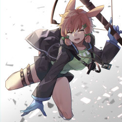 Rule 34 | 1girl, animal ears, arknights, bare legs, black jacket, blue gloves, bow, bow (weapon), closed mouth, commentary request, crossbow, debris, full body, gloves, gradient background, green bow, green shirt, grey background, hair bow, hand up, highres, holding, holding crossbow, holding weapon, id card, jacket, kroos (arknights), long hair, long sleeves, midair, open clothes, open jacket, open mouth, orange hair, rabbit ears, shirt, shoulder strap, sidelocks, solo, teeth, thigh strap, upper teeth only, weapon, white background, yukinohito (koutyanomitai)