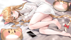 Rule 34 | 1girl, absurdres, animal ears, bare legs, barefoot, bed sheet, blonde hair, blush, bow, cat ears, cat girl, cat-shaped pillow, cat tail, cellphone, closed mouth, commission, facial mark, highres, lillly, long hair, long sleeves, looking at viewer, lying, no pants, on side, original, phone, pillow, red bow, shirt, sleeves past wrists, smartphone, solo, tail, tail bow, tail ornament, whisker markings, white shirt, yellow eyes