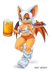 Rule 34 | 1girl, alcohol, beer, breasts, bursting breasts, cleavage, collaboration, food, furry, green eyes, hooters, large breasts, looking at viewer, rouge the bat, sega, short hair, sideboob, sif, smile, sonic (series), sonic forces, wings