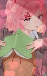 Rule 34 | 1girl, :p, book, brown vest, collared shirt, colored inner hair, commentary, doki doki literature club, english commentary, fingernails, grey jacket, hair ornament, hands up, heart, highres, jacket, long sleeves, looking at viewer, medium hair, multicolored hair, natsuki (doki doki literature club), open book, pink eyes, pink hair, ryusei hashida, school uniform, shirt, signature, smile, solo, sweater vest, swept bangs, tongue, tongue out, twintails, upper body, vest, wing collar, x hair ornament