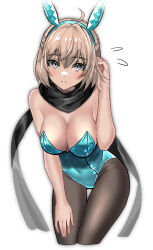 Rule 34 | 1girl, animal ears, black scarf, blonde hair, blush, breasts, cleavage, covered navel, fake animal ears, fate/grand order, fate (series), highres, koha-ace, large breasts, leotard, looking at viewer, medium breasts, okita souji (fate), okita souji (koha-ace), pantyhose, playboy bunny, rabbit ears, scarf, short hair, solo, strapless, strapless leotard, suishougensou, yellow eyes