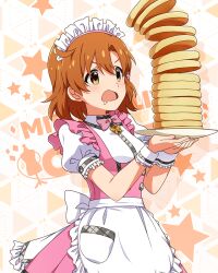 Rule 34 | 1girl, ahoge, apron, blush, bow, bowtie, breasts, butterfly ornament, cowboy shot, dot nose, dress, drooling, food, frilled apron, frilled skirt, frills, hair between eyes, holding, holding plate, idolmaster, idolmaster million live!, idolmaster million live! theater days, looking at object, maid headdress, medium breasts, official alternate costume, official art, open mouth, orange hair, pancake, pancake stack, pink bow, pink bowtie, pink dress, plate, pretty waitress (idolmaster), puffy short sleeves, puffy sleeves, serving, shirt, short hair, short sleeves, sidelocks, skirt, solo, standing, star (symbol), starry background, thighhighs, upper body, v-shaped eyebrows, waist apron, waitress, wavy hair, white apron, white shirt, white thighhighs, wrist cuffs, yabuki kana