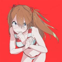 Rule 34 | (stag), 1girl, bare shoulders, bikini, blue eyes, blush, breasts, brown hair, cowboy shot, dot nose, eyes visible through hair, facing viewer, hairpods, leaning forward, long hair, looking at viewer, medium breasts, midriff, neon genesis evangelion, red background, simple background, solo, souryuu asuka langley, standing, striped bikini, striped clothes, sweatdrop, swimsuit, tearing up, tears, two-tone bikini, two side up