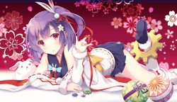 Rule 34 | 1girl, bare shoulders, blush, braid, commentary, flower, frown, hair flower, hair ornament, itoichi., looking at viewer, nail polish, one side up, pleated skirt, purple hair, rabbit, red eyes, ribbon, short hair, side ponytail, skirt, solo, tenjin kotone, tenjin kotone (channel), virtual youtuber, white flower