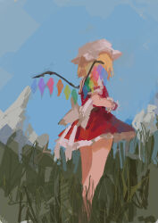 Rule 34 | 1girl, absurdres, back bow, blonde hair, blue sky, bow, crystal, day, facing away, flandre scarlet, from behind, grass, hat, highres, mob cap, no lineart, outdoors, red skirt, red vest, reddizen, scenery, short hair, skirt, skirt set, sky, solo, standing, touhou, vest, white bow, white hat, wings