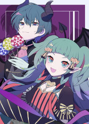 Rule 34 | 1boy, 1girl, 3sasakado, alternate costume, ascot, black headwear, black skirt, blue eyes, blue hair, blunt bangs, bow, braid, byleth (fire emblem), byleth (male) (fire emblem), carrying, costume, demon horns, demon wings, dress, fire emblem, fire emblem: three houses, fire emblem heroes, green eyes, green hair, halloween, halloween costume, hat, holding, horns, long hair, looking at viewer, matching hair/eyes, multicolored hair, nintendo, official alternate costume, open mouth, orange dress, pointy ears, princess carry, puffy short sleeves, puffy sleeves, purple background, sash, short sleeves, simple background, skirt, smile, sothis (fire emblem), striped, tsukimura noe, twin braids, very long hair, wings, witch hat