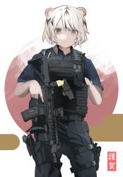 Rule 34 | 1girl, absurdres, animal ears, assault rifle, belt, blue pants, blue shirt, bulletproof vest, chinese zodiac, closed mouth, collared shirt, cowboy shot, dmj neco, gun, hair between eyes, handgun, highres, holding, holding gun, holding weapon, holster, leg holster, load bearing vest, magazine (weapon), molle vest, new year, original, pants, pistol, rifle, shirt, short hair, short sleeves, solo, tactical clothes, taser, thigh holster, tiger ears, trigger discipline, upper body, watch, weapon, white hair, year of the tiger, yellow eyes