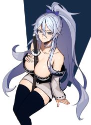 Rule 34 | 1girl, absurdres, bare shoulders, between breasts, black thighhighs, blue bow, blue eyes, bow, breasts, bridal gauntlets, closed mouth, copyright request, distr, grey choker, grey hair, hair between eyes, hair bow, highres, invisible chair, large breasts, long hair, looking at viewer, mole, mole under eye, ponytail, sitting, smile, solo, thighhighs, very long hair