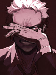 Rule 34 | 1boy, blue eyes, collared shirt, colored sclera, dorohedoro, drgryu750, formal, grin, hand on own face, highres, jacket, long sleeves, male focus, necktie, one eye covered, portrait, red sclera, sanpaku, shin (dorohedoro), shirt, short hair, simple background, smile, solo, spot color, stitched fingers, stitched hand, straight-on, suit