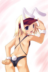 Rule 34 | 1girl, animal ears, aq interactive, arcana heart, arcana heart 2, ass, atlus, back, backless swimsuit, blonde hair, blue eyes, blush, catherine kyoubashi, examu, flat chest, from behind, looking back, one-piece swimsuit, rabbit ears, rabbit tail, safi, salute, short hair, solo, swimsuit, tail, visor, visor cap, wristband